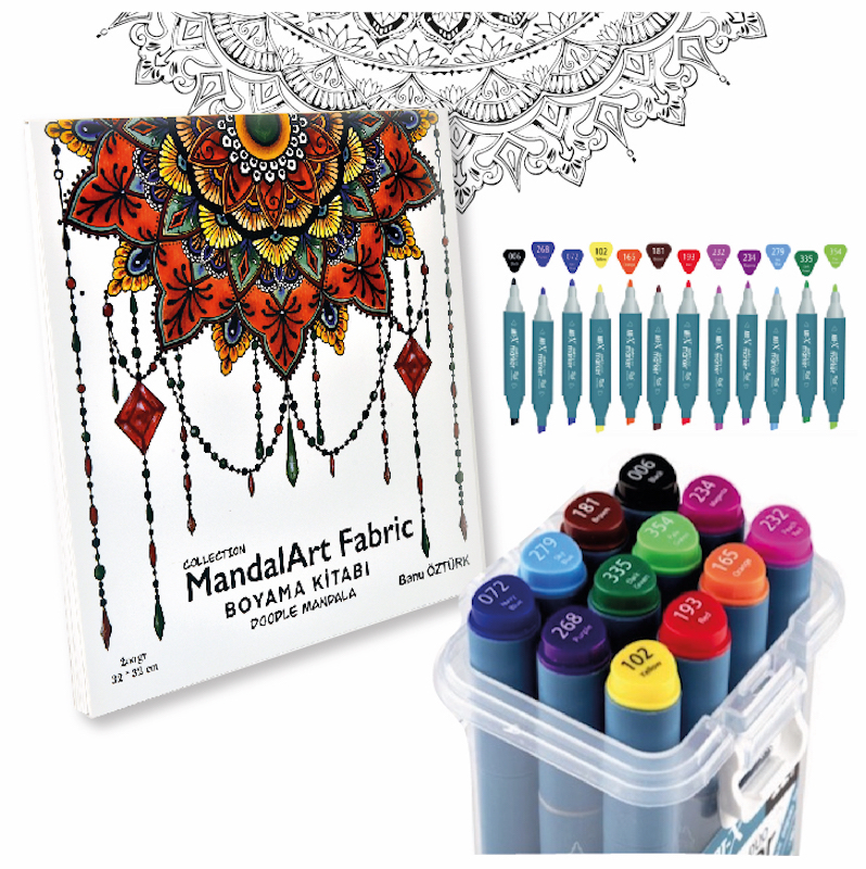 Mandala Boyama Kitabı, 12'li Marker Set ile Birlikte, 32*32 cm, Mandalart Fabric