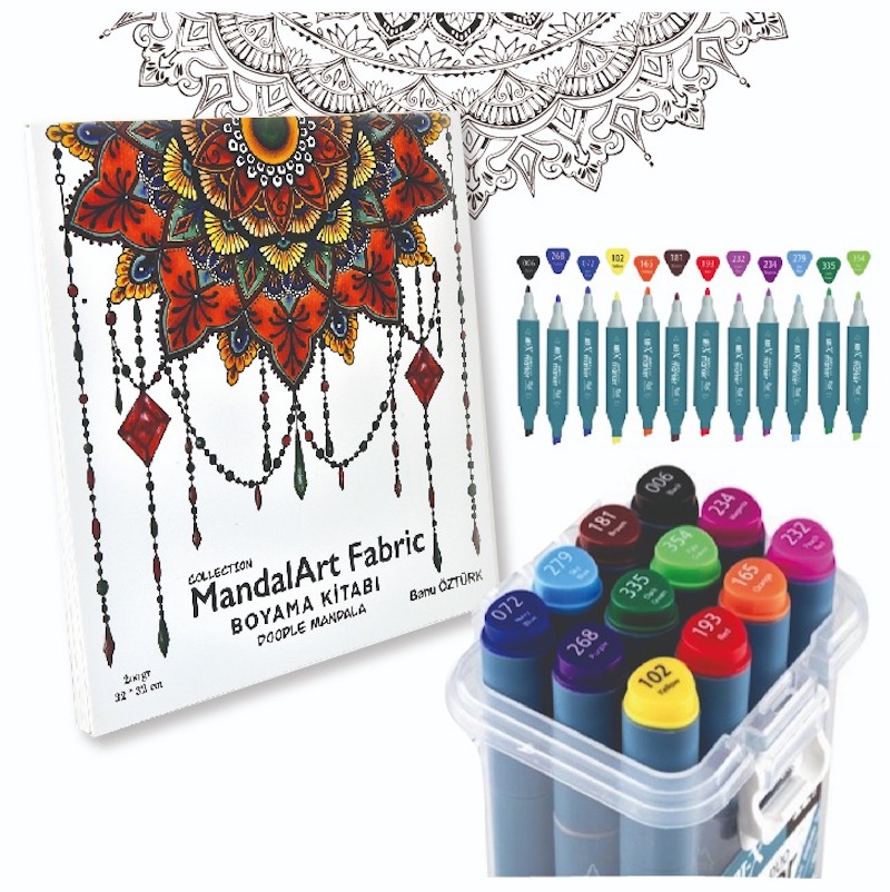 Mandala Boyama Kitabı, 12'li Marker Set ile Birlikte, 32*32 cm, Mandalart Fabric