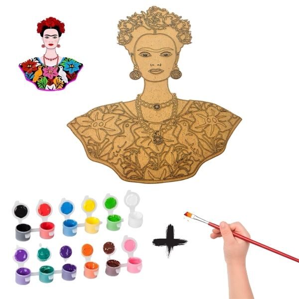 Frida Kahlo Ahşap Boyama Seti, Farklı Boyut Seçeneği, 12 Renk Akrilik Boya, Fırçasıyla Beraber