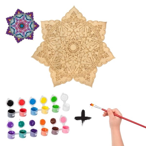 Tezhib Büyük Boy Ahşap Mandala Boyama Seti, 50 cm, 12 Renk Akrilik Boya, Fırçasıyla Beraber
