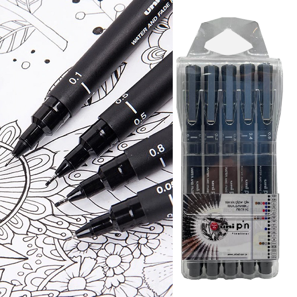Uni-Pin Fineliner Teknik Kalem Seti, 5'li Uç Seçeneği, 0,1-0,2-0,3-0,4