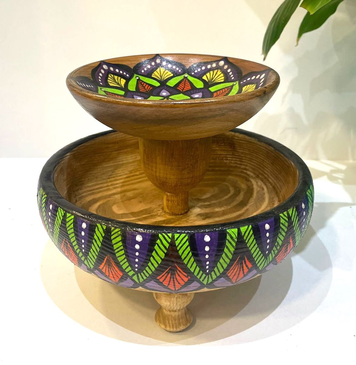 2 Katlı Ayaklı Çerezlik, 13 cm, Dekoratif El Yapımı Ahşap, AMF0014