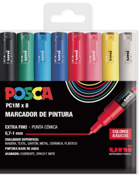 Uni Posca Su Bazlı 8'li Akrilik Set, Extra İnce Uç, PC-1M 0.7mm